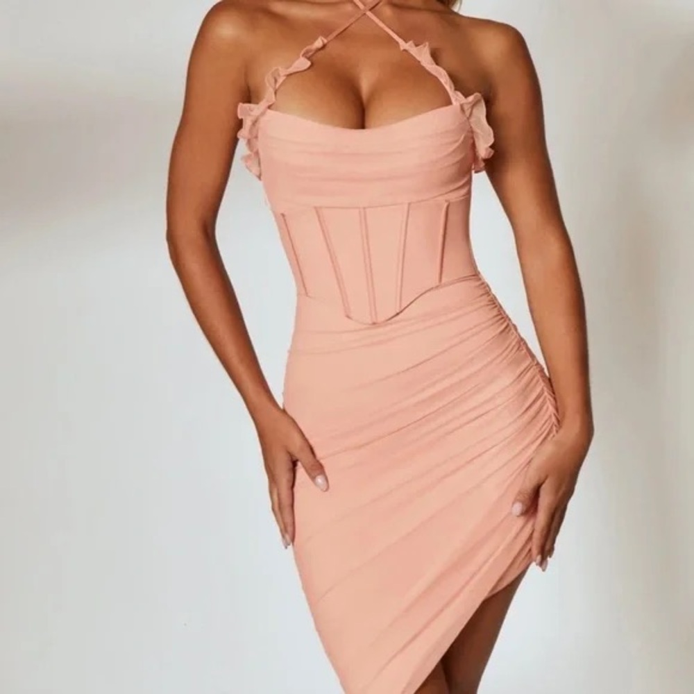 OhPolly Asymmetric Hem Halter Neck Corset Midi Dress in Blush